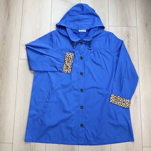 Kate Kasin Womens XXL Blue Rain Jacket Hooded Leopard Trim Button Coat Long